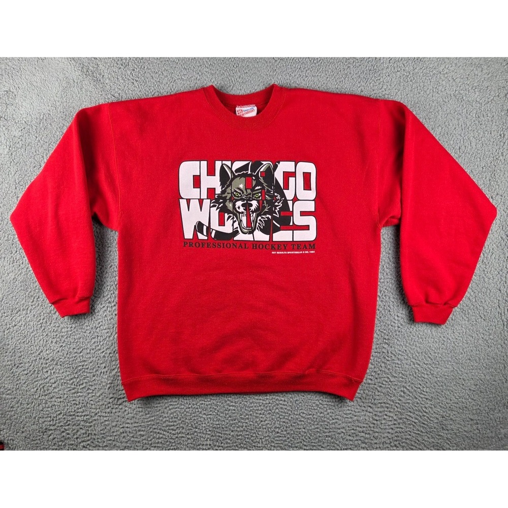 Vintage Chicago Wolves Sweatshirt Mens XL Red Hockey Crewneck‎ Graphic 90s